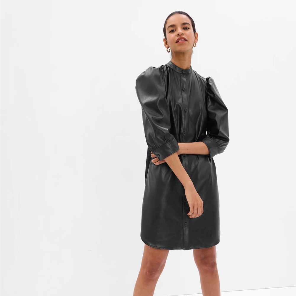 Gap Faux Leather Shirtdress with puff sleeve